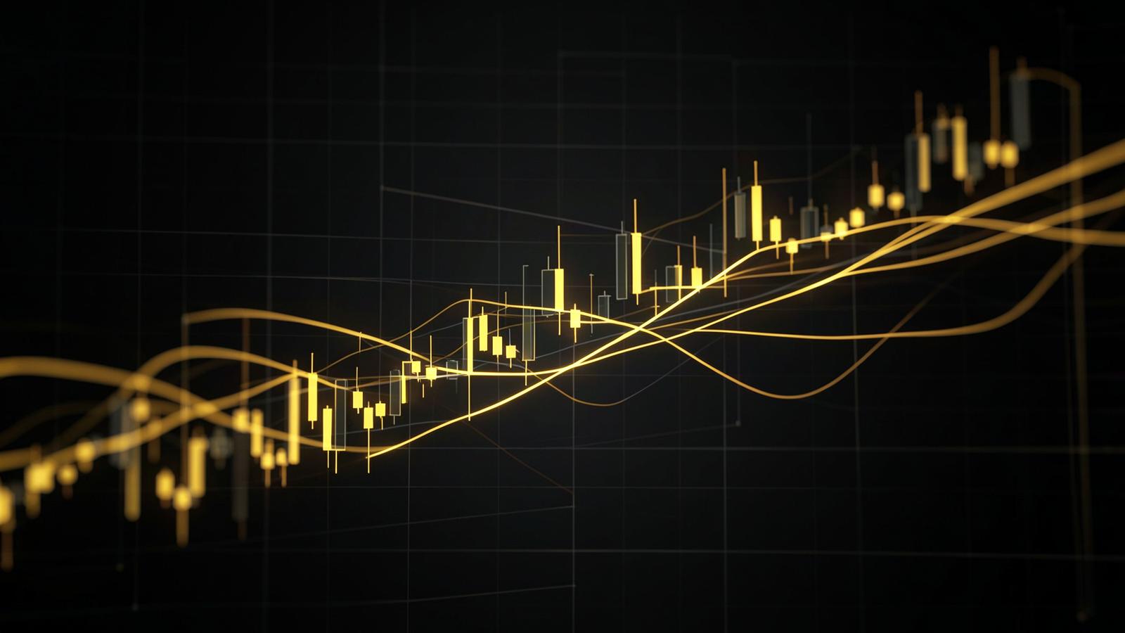 Bitcoin candlestick chart with layered moving average ribbons